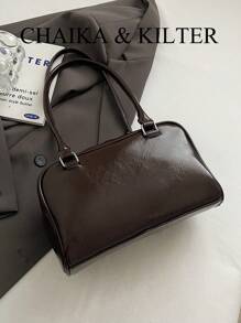 CHAIKA & KILTER 1 件闪亮 PU 皮革女士单肩包，带多个口袋，大容量波士顿风格，拉链开合，适合日常和户外使用（附吊坠） - 咖啡 - 查看 8