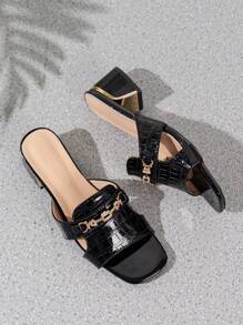 女士时尚链条和带扣装饰高跟凉鞋、百搭夏季拖鞋 - 黑色 - 查看 2