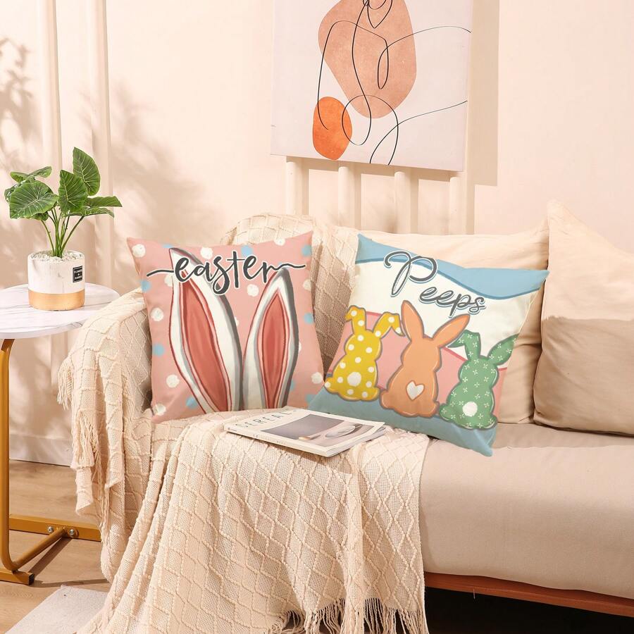 1/2 Vỏ gối sofa hình thỏ Phục sinh, Vỏ gối in polyester độ nét cao, Vỏ gối trang trí phòng khách hình thỏ Phục sinh, Trang trí phòng ngủ, Trang trí sofa, 17,7*17,7 inch/45X45cm (Không có ruột gối) - Nhiều màu - Xem 1