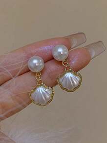 8pcs/Set Minimalist Asymmetrical Pearl, Hollow Flower Petal, Shell, Star & Round Shape Stud Earrings Set, Versatile For Women, Daily & Holiday Wear - Set F - View 2
