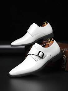 Men's Casual Buckle Closure Solid Color Round Toe Mid-Heel Leather Shoes, White Polished Formal Dress Shoes All Season - White - View 4