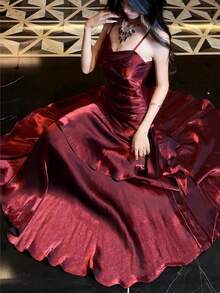 Burgundy Ruffle Hem Party Formal Dress, Shiny Red Concert Outfit, Elegant Spaghetti Strap Bridesmaid Wedding Birthday Homecoming Dress, Summer & Autumn