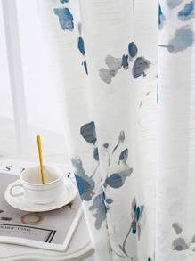 1pc Blue Floral Translucent Curtain For Living Room Bedroom, Modern Minimalist Fresh Floral Sheer Curtain, Nordic Nature Style Home Decor - Blue and White - View 2