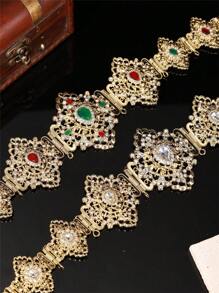 Moroccan-Inspired, Fashionable And Luxurious Women's Golden Belt Featuring A Diamond-Shaped Openwork Design Adorned With Teardrop Crystals. This Adjustable-Length Jewelry Waist Chain Is Perfect For Women To Wear At Weddings, Banquets, And Festive Occasions. - Multicolor - View 3