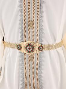 1pc Moroccan Luxury Women Long Robe With Gold Belt, Featuring Circular Floral Pattern Hollow Carving Inlaid With Abundant Rhinestones, Suitable For Females To Wear At Wedding Ceremony, Gala Dinner And Festival Occasions - Gold + White - View 4