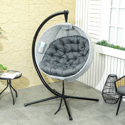 Outsunny Hanging Egg Chair Outdoor Indoor Garden Swing Chair With Folding Basket, Garden Hanging Chair With Stand, Thickened Cushion, Cup Holder For Patio, Balcony