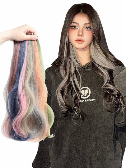 2片装大波浪渐变夹式接发片，一体式长假发发夹，隐形无缝彩色合成发片，发饰，发卡，发夹，发爪，发爪，学习用品，头部饰品，发夹