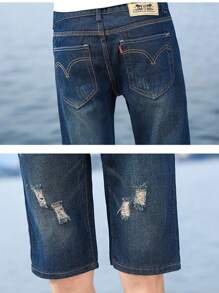 Pantalones cortos vaqueros para hombre descoloridos, desgastados y deshilachados - Azul - Ver 5