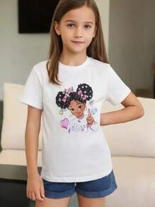 2pcs/Set Summer Girls Casual Cute Cartoon Printed Round Neck Short Sleeve T-Shirt And Denim Shorts Set - White - View 11