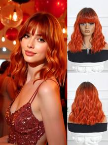 High Quality 14-Inch Synthetic Heat-Resistant Fiber Wig With Bangs In Short Orange Curls Ladies Wig Is Perfect For Holiday Party Everyday Wear