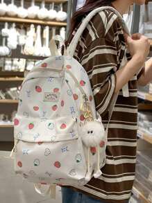 Simple Daily Backpack, Cute Kawaii Strawberry Print Backpack - Large Capacity Student School Bag, Multi-Compartment Casual Nylon Travel School Bag, Plush Pendant - Suitable For School Commuting, School Bag, Portable, Laptop Compartment - Multicolor - View 5
