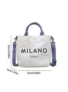 White Canvas Bag Ins Style Messenger Bag Printed With Letters "MILANO ITALY ﻿", Large-Capacity New Cute Shoulder Bag, Diagonal Shoulder Bag, Cute Bow Leopard Design Highland Cow Pattern, Large-Capacity Tote Bag, Portable, Adjustable Blue Shoulder Strap,With Artistic Letters And Pattern Printing Design, And Convenient Shopping Bag For Daily Use. Teacher'S Thank-You Gift, Mother'S Day Gift, Suitable For Travel,Beach, School, Work & Daily Use