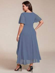 Plus Size Women Chiffon Ruffle Hem Solid Color Elegant High-Low Bridesmaid Dress - Dusty Blue - View 3