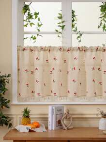 1 件复古樱桃刺绣流苏薄纱窗帘，轻质农舍风格咖啡厅窗帘，适用于厨房、客厅、办公室家居装饰 - 紅櫻桃 - 查看 4
