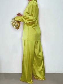 新款女士长袖缎面翻领露肩衬衫及休闲裤套装 春季 - 橄欖綠 - 查看 3