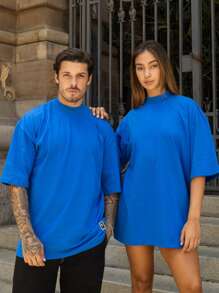 Oversized Plain Turtleneck Basic Streetwear T-Shirt For Men Unisex - 寶藍色 - 查看 3