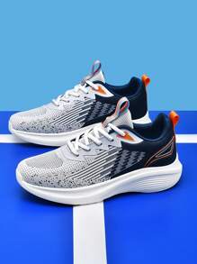 Men's Fashion Soft Bottom Running Shoes, Knit Mesh Breathable Lightweight Shock-Absorbing Sneakers, Versatile Casual Round Toe Outdoor Jogging Shoes - Blue and White - View 2