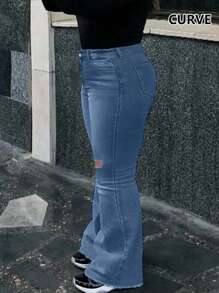 Plus Size Women's Simple Casual Fashion Washed Embossed Insert Pockets Hole Women's Stretch Skinny Bootcut Flare Jeans - 中等水洗藍 - 查看 3