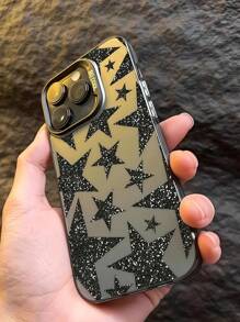 1 pieza Funda de teléfono a prueba de golpes de TPU con patrón de estrella de strass negra compatible con iPhone 16, 15, 14, 13, 12, 11 ProMax