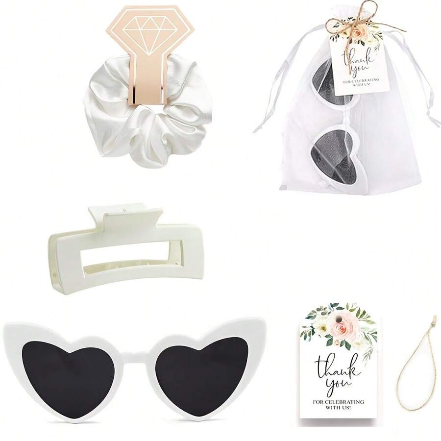 伴娘求婚礼品套装，包含方形弹性发夹和单身女郎心形眼镜，婚礼单身派对用品，情人节、母亲节、友情礼物 - 如圖 - 查看 1