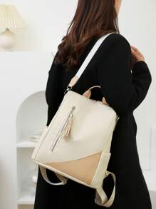 Multi-Functional Women Color-Block Shoulder Bag, New Fashion Versatile Large Capacity Anti-Theft Commuting Shopping Travel Backpack - White - View 5