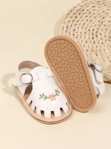 1 Pair Infant Girls Embroidered PU Hook And Loop Cute Flat Sandals, 0-1 Years Old Toddler Pre-Walker Shoes, Suitable For Summer - White - View 1
