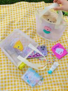 1pc Minimalist Fashion Korean Style Cartoon Transparent Net Tote Bag, Cute Small Bear Portable Handbag For Girls, Beach Bag, Mini Size - Apricot - View 7