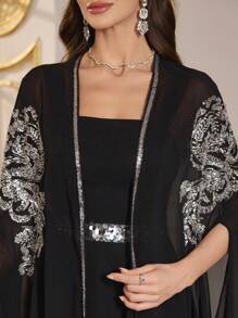 SUPGIR Strapless Sequins Embellished Dress, Convertible To Long Sleeve Gown, Elegant Evening Party Dress - Black - View 6