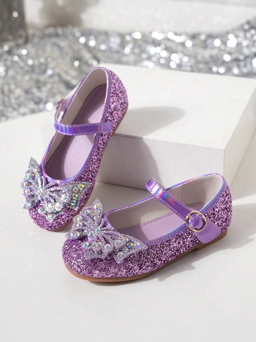 1 par de zapatos de princesa con lentejuelas de mariposa para niñas, aptos para primavera/verano - Morado - Ver 1
