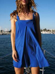 Women Casual Summer Rompers Overalls Solid Color Sleeveless Backless Shorts Jumpsuits Playsuits Streetwear With Pockets - Blue - View 2