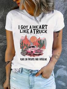 Women's "I Have A Heart Like A Truck" Pattern-Shirt - Desert Sunset Dreamy Country Western Bohemian Design, Soft Stretchy Round Neck Summer-Shirt Suitable For Concerts Festivals And Casual Outfits, Country Music Style, Weekend Wear, Comfortable Fit, Personality Statement Shirt, Exclusive For Festival Lovers Cotton Menkpop Labor Day Men Clothing Manfinity Romwe Shirts Men Shirts Graphic Tees Camisas Para Hombre Graphic Tees Graphic Te - 白色 - 查看 1