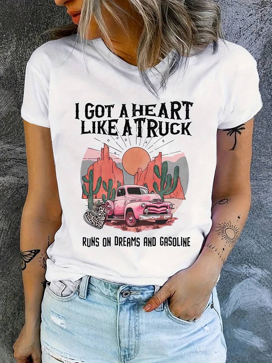 Women's "I Have A Heart Like A Truck" Pattern-Shirt - Desert Sunset Dreamy Country Western Bohemian Design, Soft Stretchy Round Neck Summer-Shirt Suitable For Concerts Festivals And Casual Outfits, Country Music Style, Weekend Wear, Comfortable Fit, Personality Statement Shirt, Exclusive For Festival Lovers Cotton Menkpop Labor Day Men Clothing Manfinity Romwe Shirts Men Shirts Graphic Tees Camisas Para Hombre Graphic Tees Graphic Te - 白色 - 查看 1