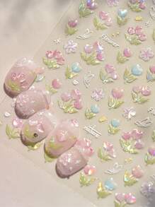 Tulip 5D Nails Stickers Spring Jelly Tulips Flower Butterfly Pink Blue Blossom Design Summer Nail Ornaments Nail Art Decorations