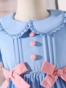 Young Girl Elegant Princess Style White Dress, Decorated With Bow, Puff Sleeve Design, Suitable For Birthday Party, Holiday Events, Photo Shoot, Fits Young Girl Aged 4-7, Spring/Summer - Blue - View 5