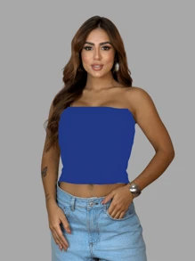 Cropped Top tube Feminino Sem Alça e Sem Bojo Básico Dupla Camada de Suplex Modelador slim fit tomara que caia - Azul - Visão 3