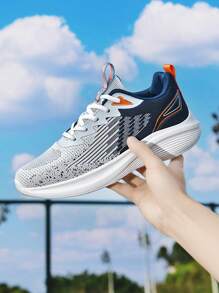 Men's Fashion Soft Bottom Running Shoes, Knit Mesh Breathable Lightweight Shock-Absorbing Sneakers, Versatile Casual Round Toe Outdoor Jogging Shoes - Blue and White - View 3