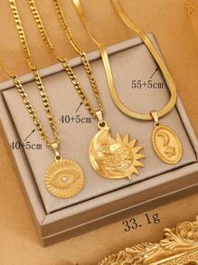 3pcs Stainless Steel Vintage Necklace Set, Moon, Star & Eye Pendant Design, Suitable For Women's Daily Wear Or Gift - Yellow Gold - View 4