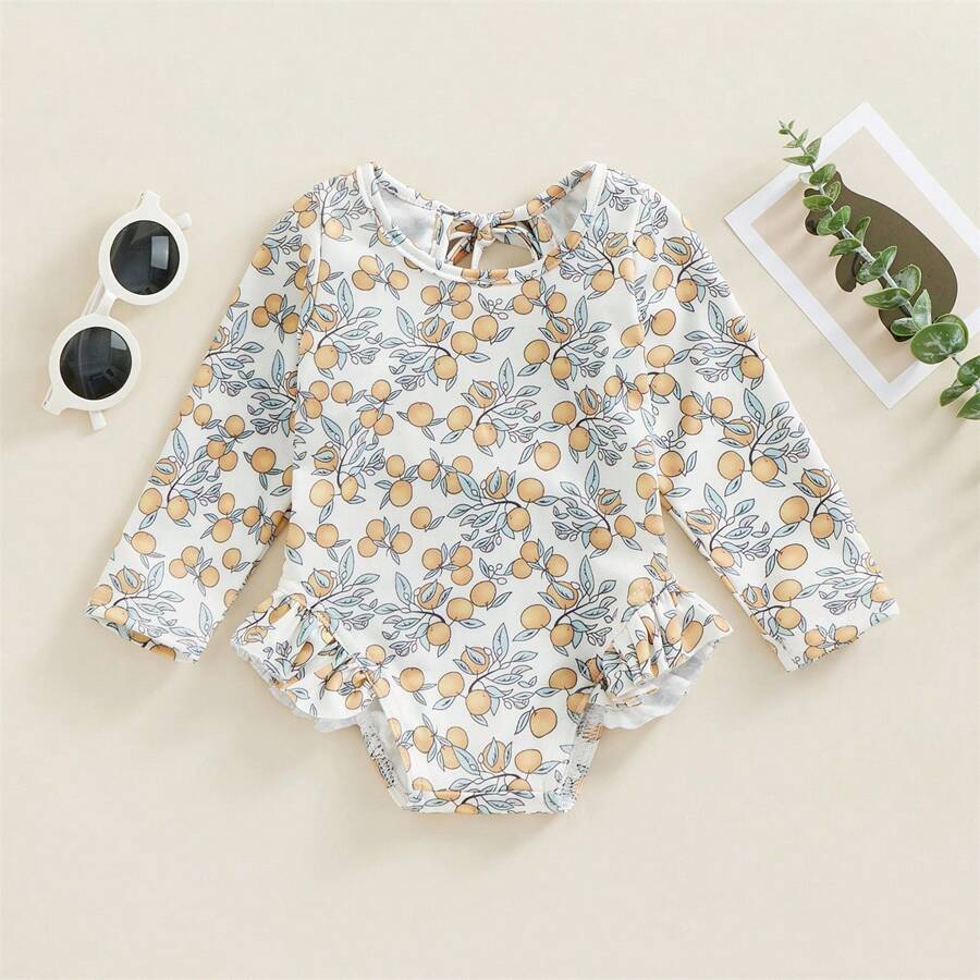 Infant Baby Girl Swimsuit One Piece Long Sleeve Rash Guard With Hat Set Floral Zipper Bathing Suit Beach Wear - 彩色 - 查看 1
