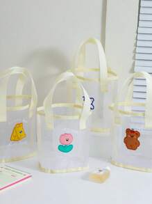 1pc Minimalist Fashion Korean Style Cartoon Transparent Net Tote Bag, Cute Small Bear Portable Handbag For Girls, Beach Bag, Mini Size - Apricot - View 1