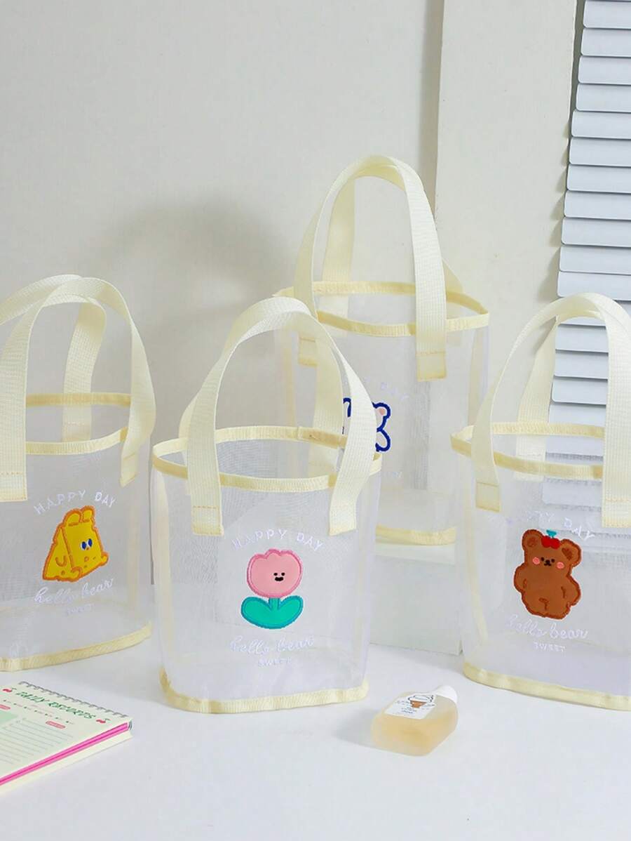 1pc Minimalist Fashion Korean Style Cartoon Transparent Net Tote Bag, Cute Small Bear Portable Handbag For Girls, Beach Bag, Mini Size - Apricot - View 1