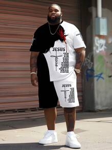 3D Graphic Print Pieced Faith Symbol Pattern T-Shirt Set, Short Sleeve, Elastic Breathable Polyester, Casual Sports Style, Loose Fit Plus Size, Suitable For Daily & Gathering Wear - Multicolor - View 1