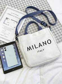 White Canvas Bag Ins Style Messenger Bag Printed With Letters "MILANO ITALY ﻿", Large-Capacity New Cute Shoulder Bag, Diagonal Shoulder Bag, Cute Bow Leopard Design Highland Cow Pattern, Large-Capacity Tote Bag, Portable, Adjustable Blue Shoulder Strap,With Artistic Letters And Pattern Printing Design, And Convenient Shopping Bag For Daily Use. Teacher'S Thank-You Gift, Mother'S Day Gift, Suitable For Travel,Beach, School, Work & Daily Use