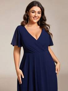 Plus Size Women Chiffon Ruffle Hem Solid Color Elegant High-Low Bridesmaid Dress - Navy Blue - View 6