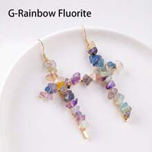 1Pair Natural Crystal Gravel Stone Cross Amethyst Eardrop Earrings Pink Crystal Reiki Eardrop Women Party Wedding Jewelry - Crushed Stone Cross Earrings - View 17