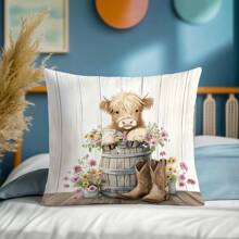 1 件 17.7*17.7 英寸 (45*45 厘米) [单面印花] 花卉牛仔靴高地牛印花涤纶抱枕套，适合日常使用、家居装饰、客厅沙发、卧室、汽车 [不含枕芯]