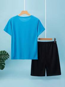 2pcs/Set Teen Boy Sports Set, Short Sleeve T-Shirt Top And Athletic Running Shorts Suit - Multicolor - View 2