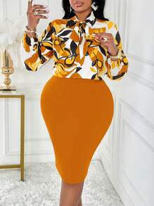 BIUBIU Plus Size Floral Print Mock Neck Blouse & Hip Hugging Skirt Two-Piece Set (Random Print) - Orange - View 3