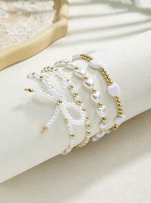 4pcs Bohemian Beach Vacation Style Bowknot Faux Pearl Heart Shape Golden CCB Anklet,Suitable For Ladies Vacation Wear - Multicolor - View 4