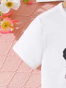 2pcs/Set Summer Girls Casual Cute Cartoon Printed Round Neck Short Sleeve T-Shirt And Denim Shorts Set - White - View 4