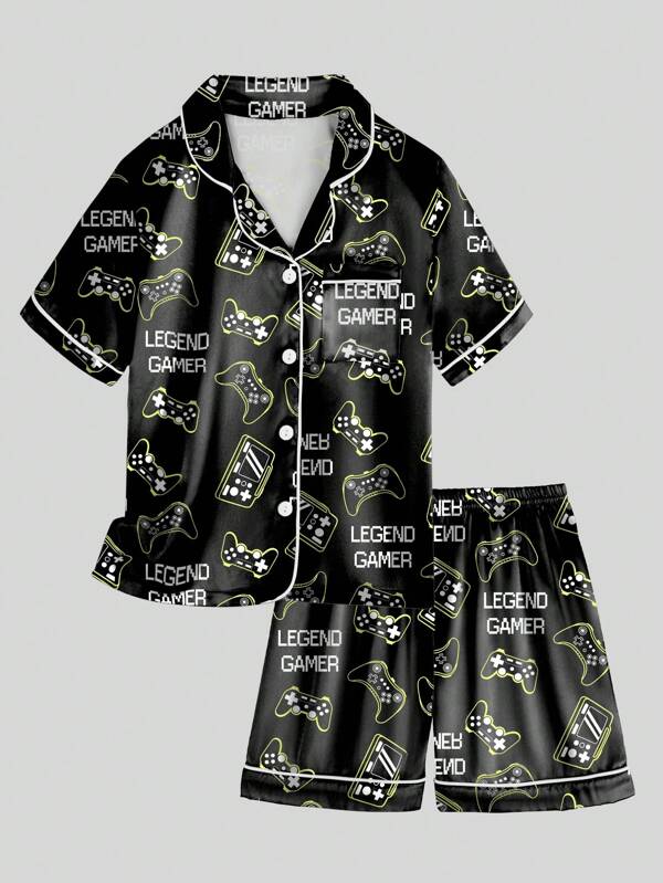 Conjunto de pijama de 2 piezas para niños preadolescentes con estampado de consola de juegos, color negro